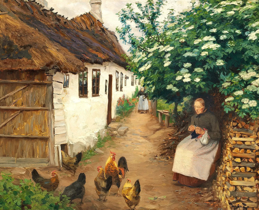Una mujer teje cerca de una vieja casa. - H. A. Brendekilde