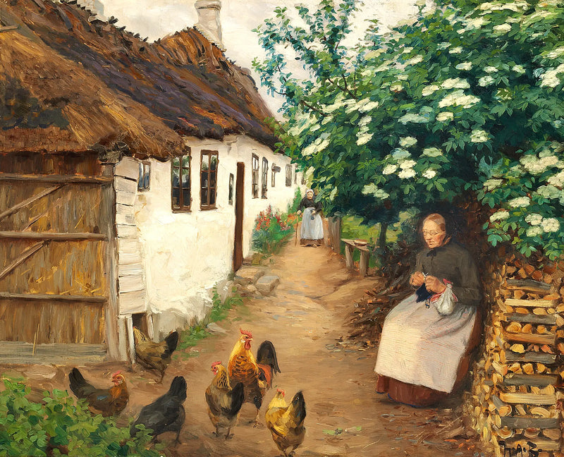 Una mujer teje cerca de una vieja casa. - H. A. Brendekilde