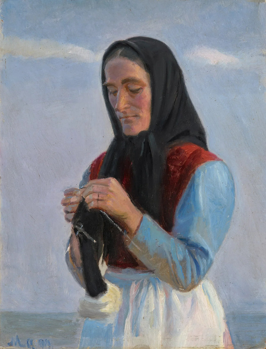 Una mujer teje en la playa. - Michael Peter Ancher