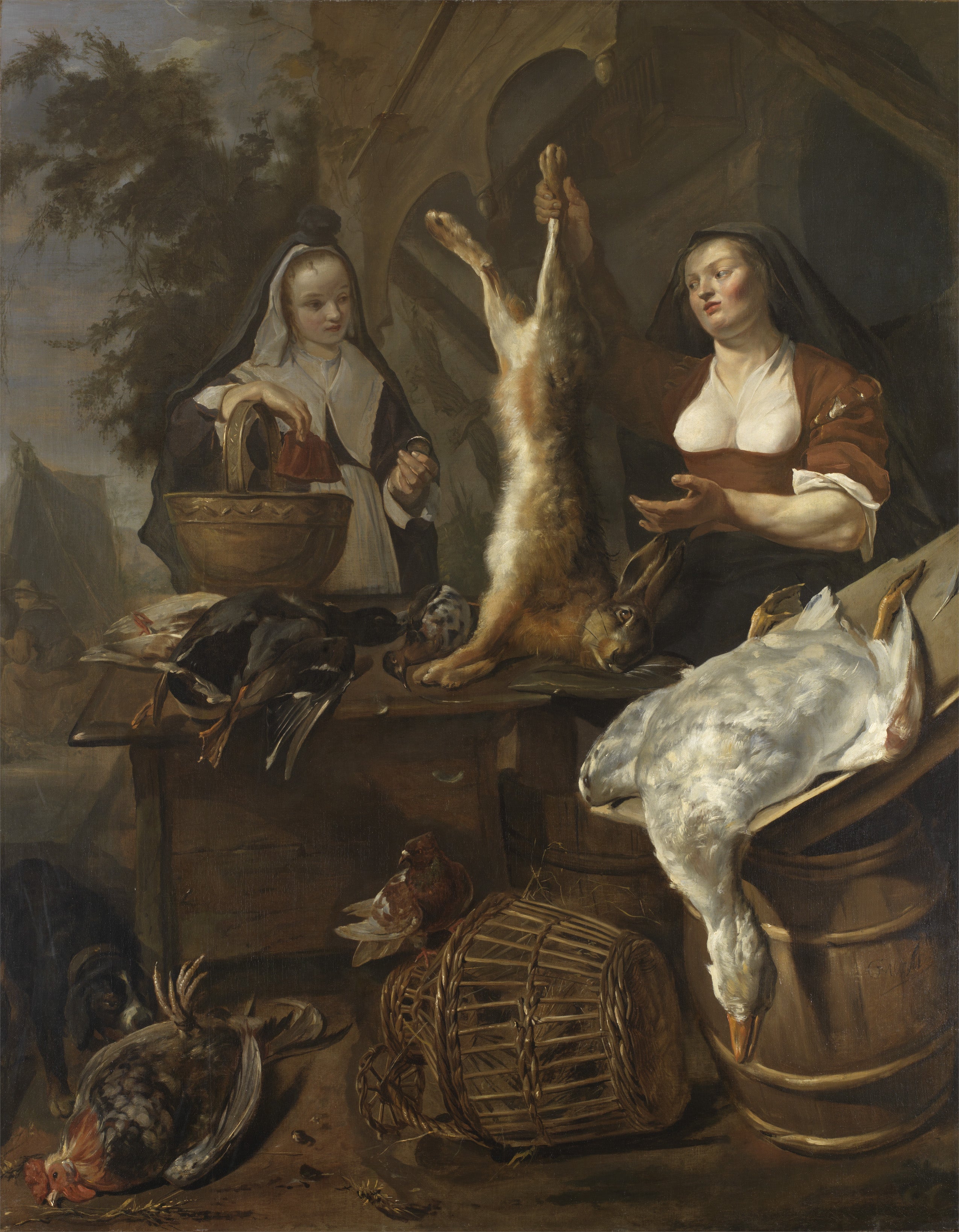 Une femme vend du gibier sur un étal - Gabriel Metsu image 1 reproduction artisanale de tableau