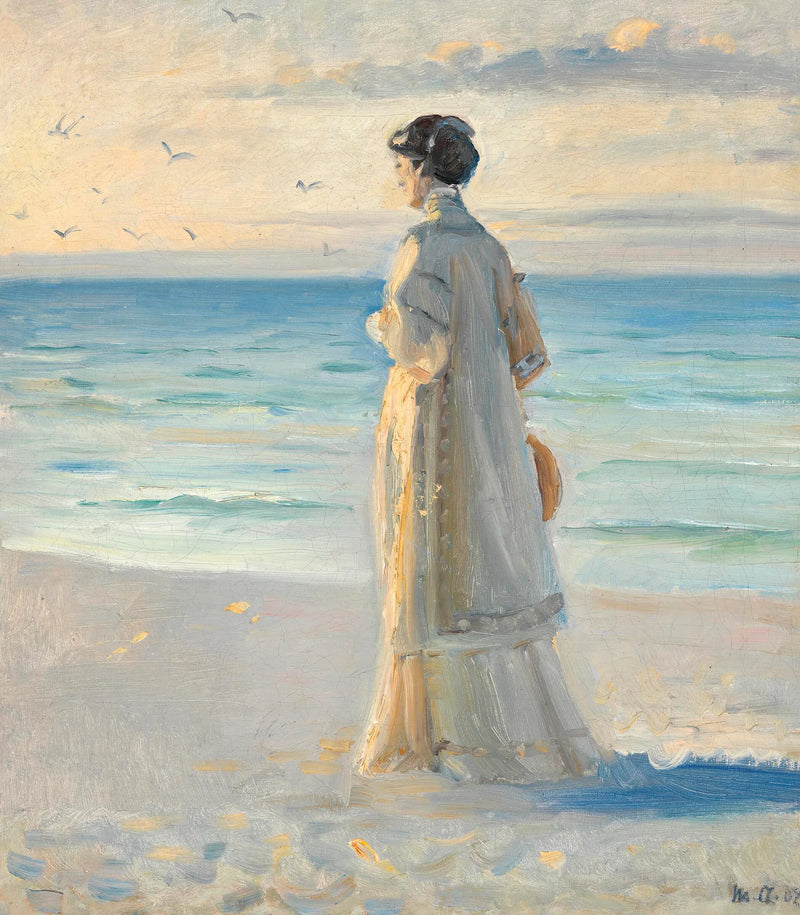 Una mujer con un vestido de verano largo y ligero contempla el mar en la playa de Skagen. - Michael Peter Ancher