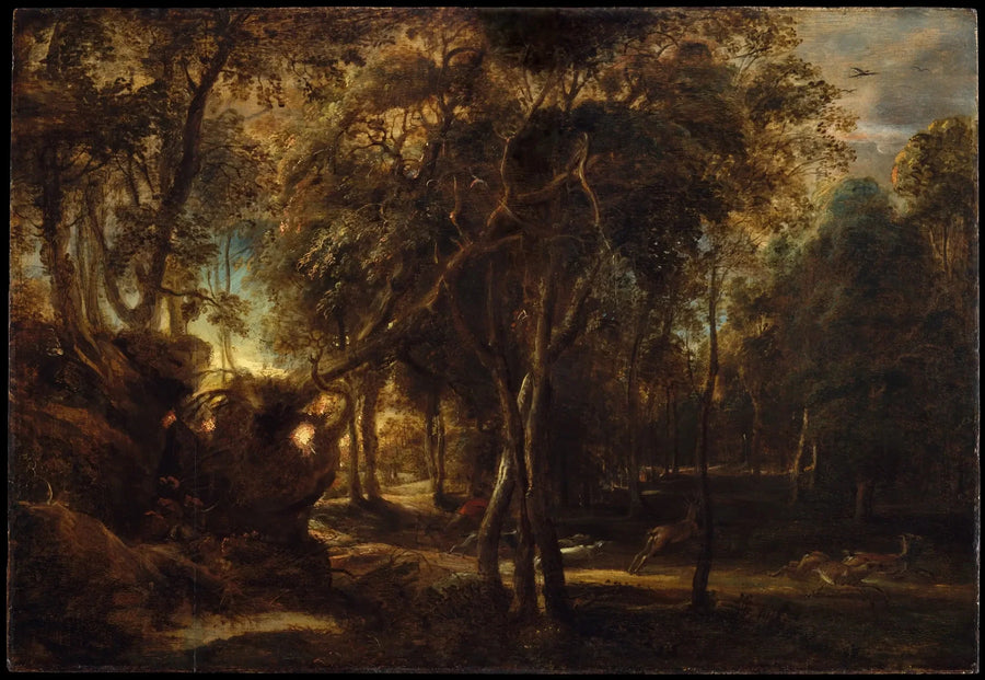 Un bosque al amanecer con una caza de ciervos - Peter Paul Rubens