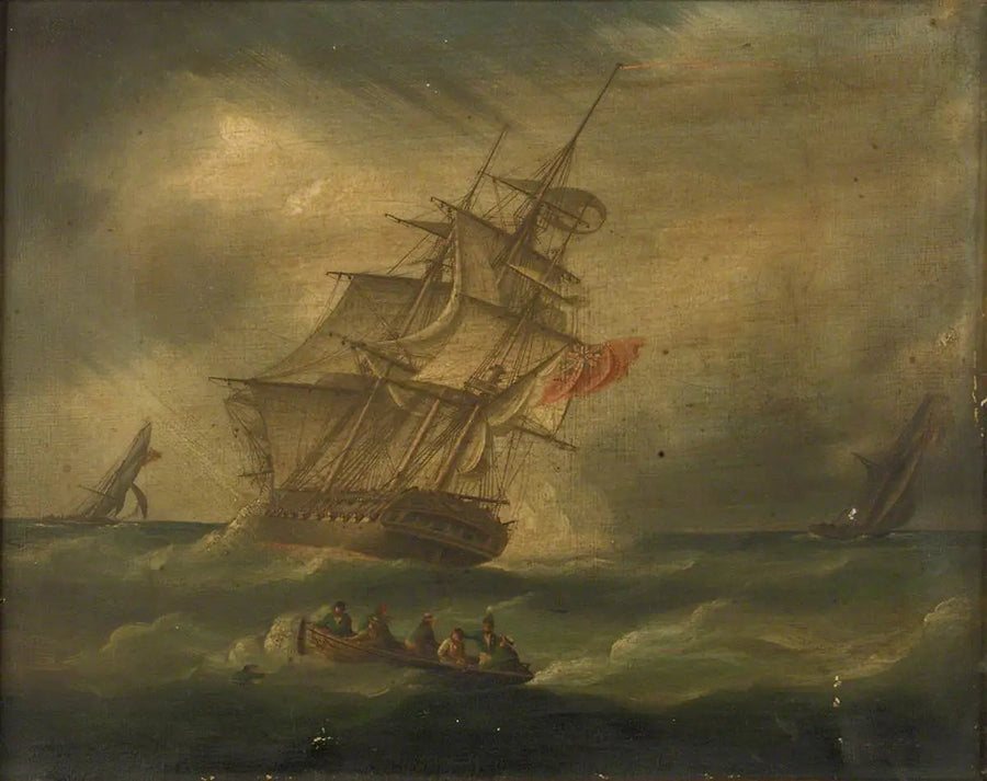 Una fragata y un bergantín persiguiendo un bergantín francés, con un barco recuperando a un hombre en el mar - James E. Buttersworth