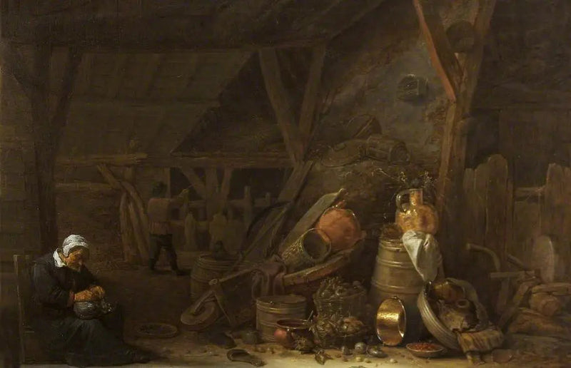 Un granero con una naturaleza muerta de utensilios de cocina y un cocinero dormido - David Teniers el Joven