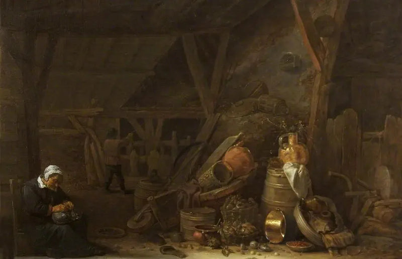 Un granero con una naturaleza muerta de utensilios de cocina y un cocinero dormido - David Teniers el Joven