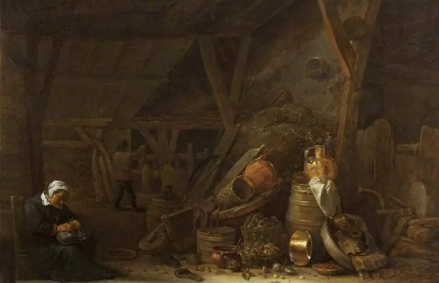 Un granero con una naturaleza muerta de utensilios de cocina y un cocinero dormido - David Teniers el Joven