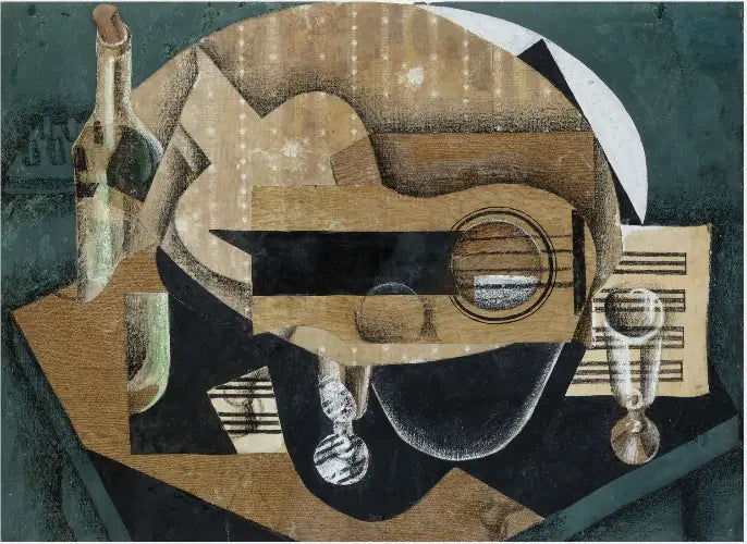 Una guitarra, unos vasos y una botella - Juan Gris