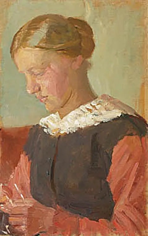 Una mujer joven se sienta con el pelo recogido. - Anna Ancher