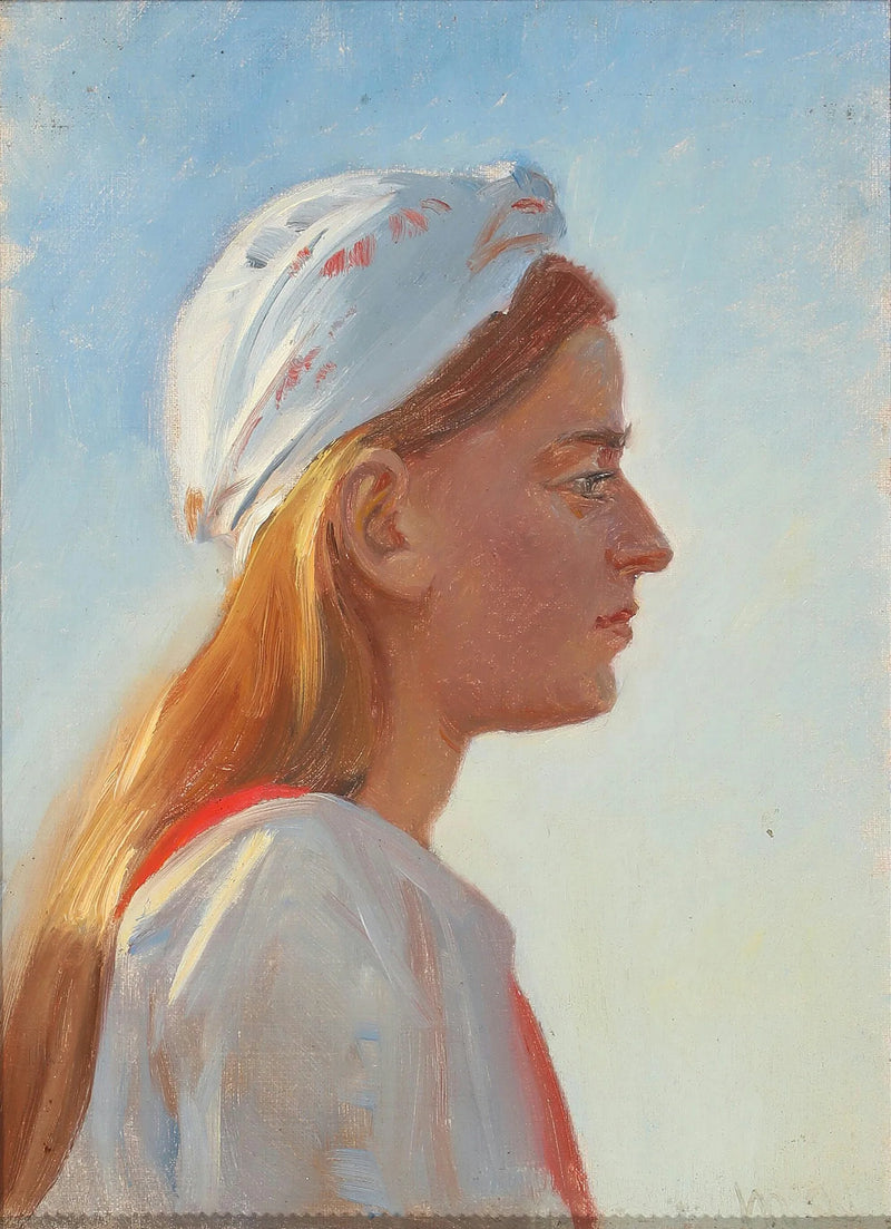 Una mujer joven de cabello rubio, vista de perfil. - Michael Peter Ancher