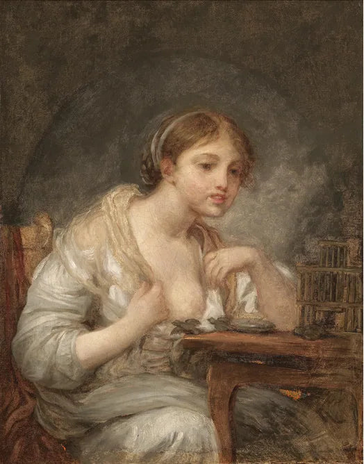Una joven mujer con una jaula de pájaros - Jean-Baptiste Greuze