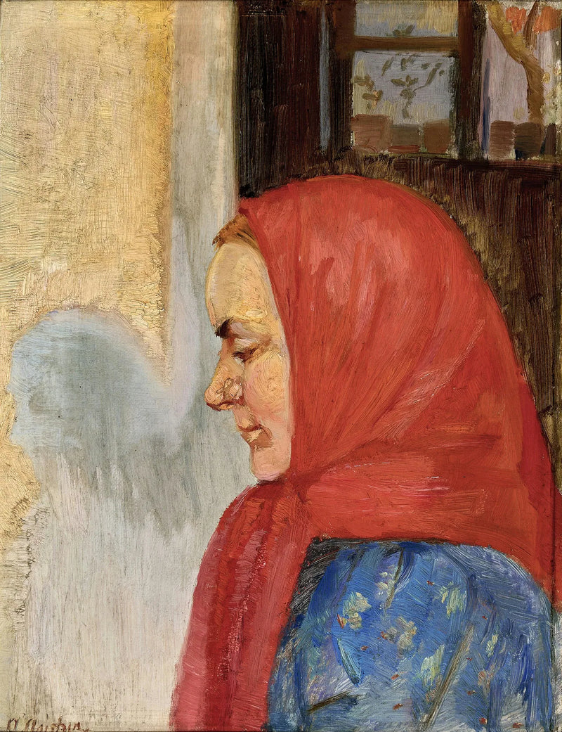 Una joven de Skagen con un pañuelo rojo, vista de perfil. - Anna Ancher