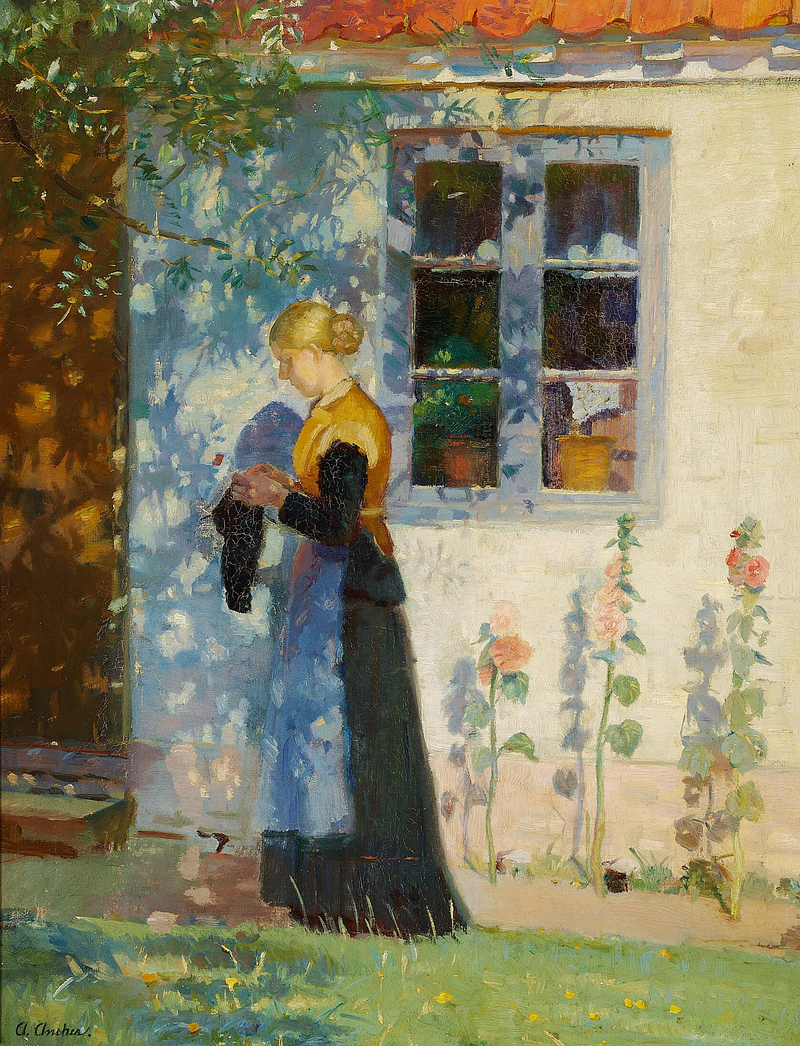 Una joven parada frente a una casa en Skagen. - Anna Ancher