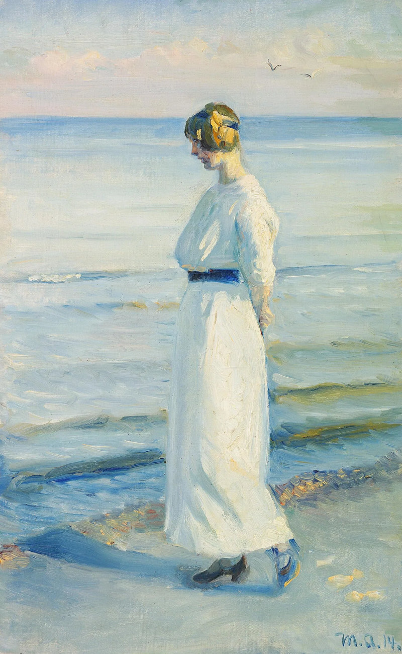 Una joven con un vestido blanco de verano en la playa de Skagen. - Michael Peter Ancher