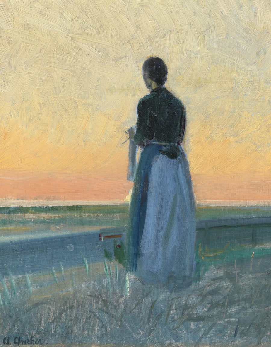 Una joven tejiendo, de pie al atardecer. - Anna Ancher