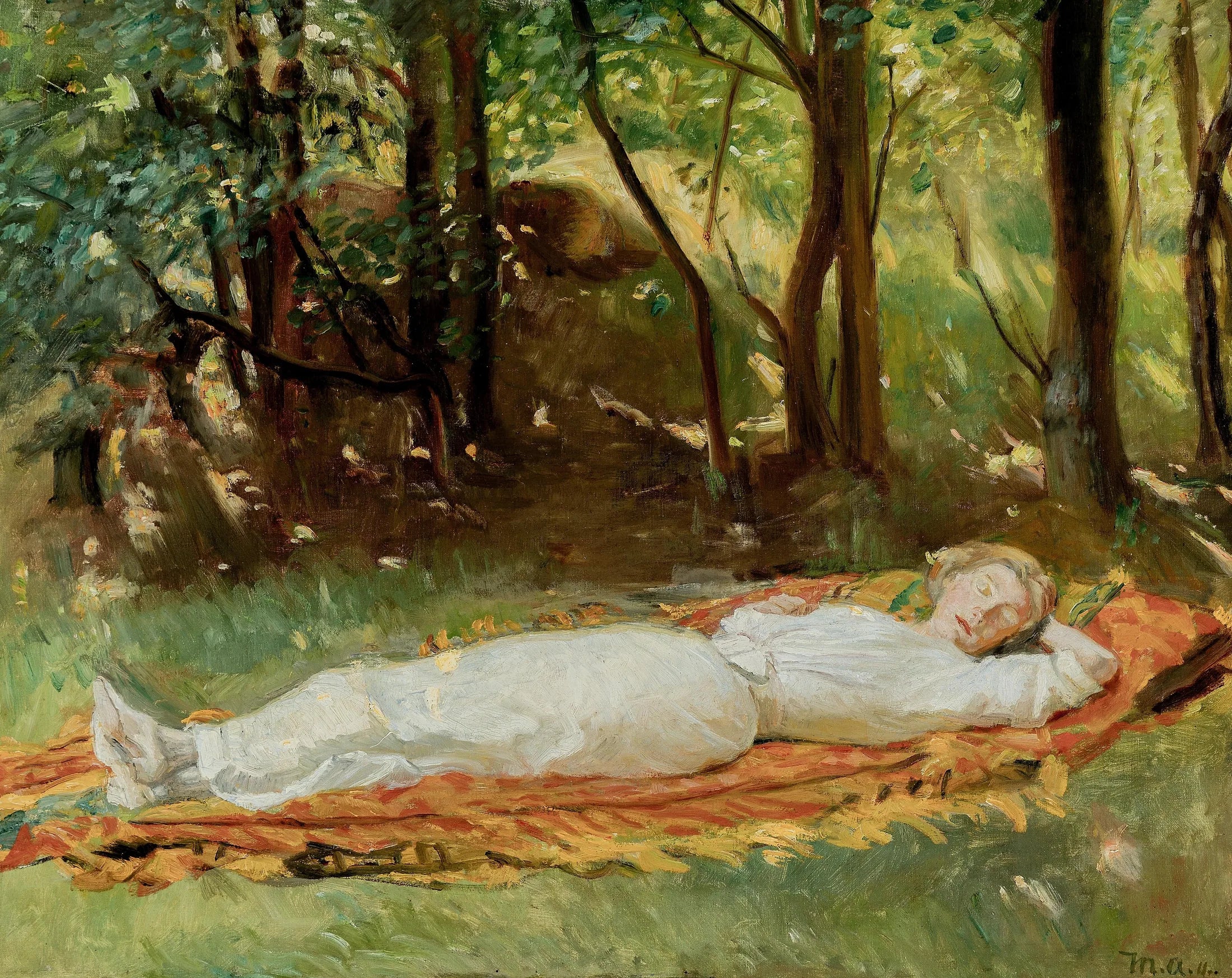 Une jeune femme fait la sieste dans le jardin. - Michael Peter Ancher image 1 reproduction artisanale de tableau
