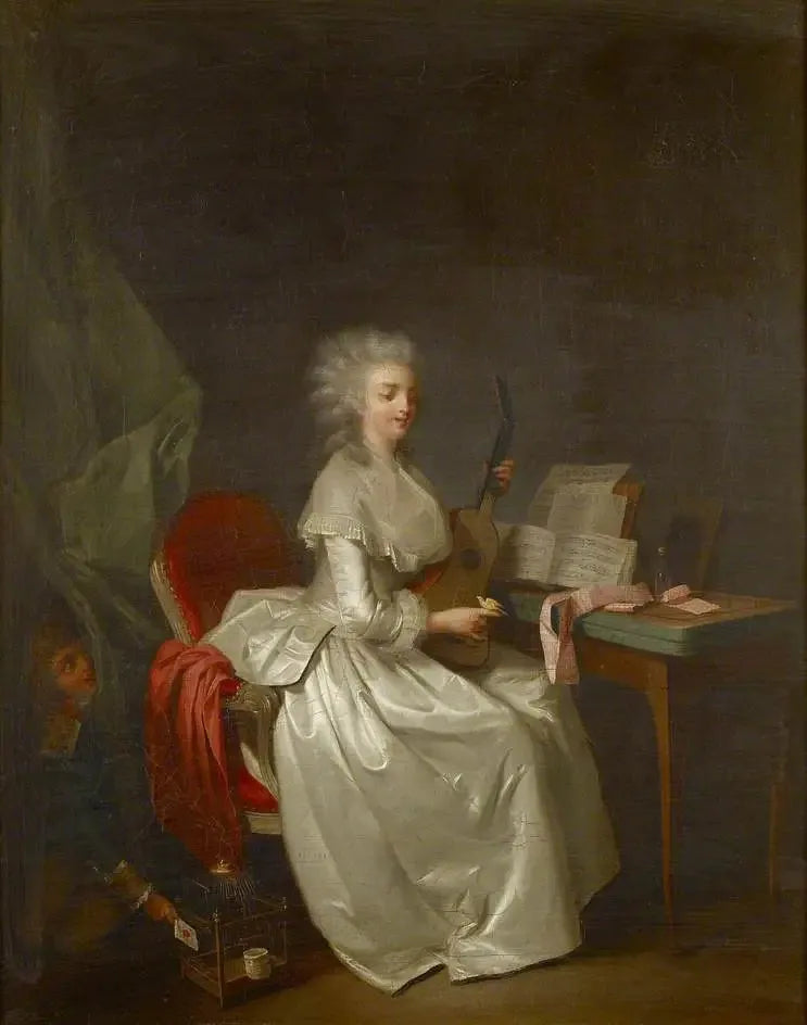 Una joven mujer tocando la guitarra con un pájaro cantante en su mano - Louis-Léopold Boilly