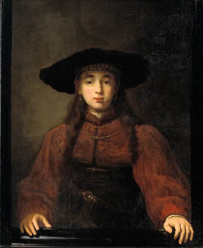 Una joven mujer posando sus manos sobre el marco de la foto - Rembrandt