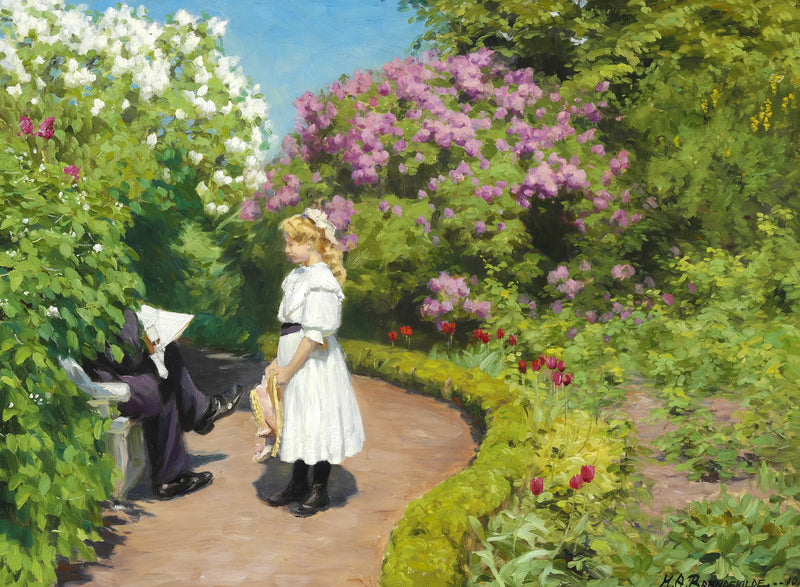 Una joven con un sombrero de paja, vestida con un vestido de verano blanco - H. A. Brendekilde