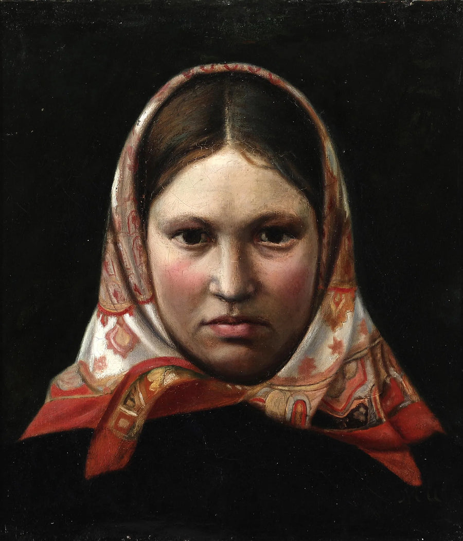 Una joven con un pañuelo en la cabeza. - Michael Peter Ancher