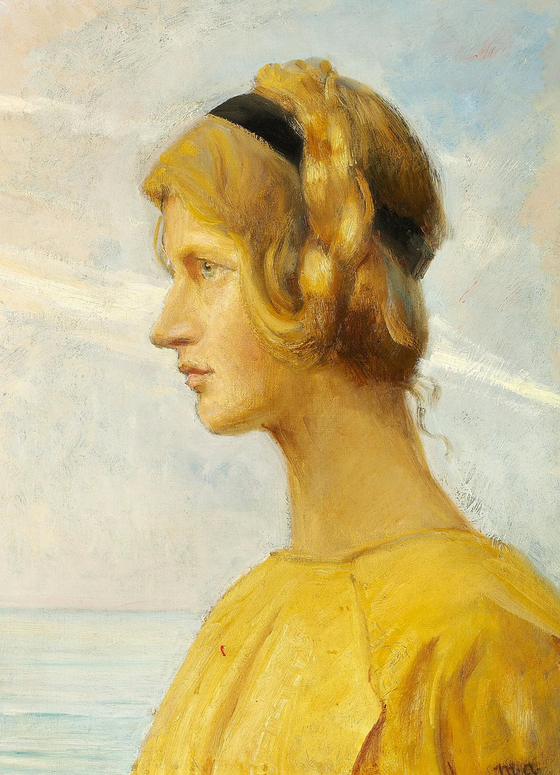 Una joven de Skagen con un vestido amarillo, vista de perfil con el mar al fondo. - Michael Peter Ancher