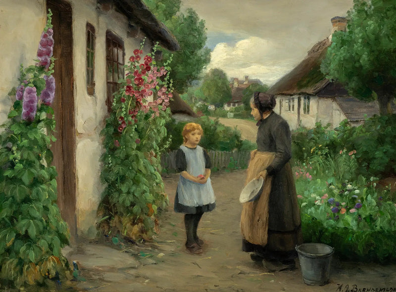 Un día de verano en el pueblo con una niña y una mujer mayor. - H. A. Brendekilde
