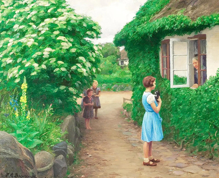 Un día de verano con niños, un gatito y una anciana en la ventana. - H. A. Brendekilde
