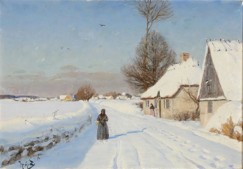 Un día de invierno en un pueblo, mostrando personas cerca de casas con techos de paja. - H. A. Brendekilde