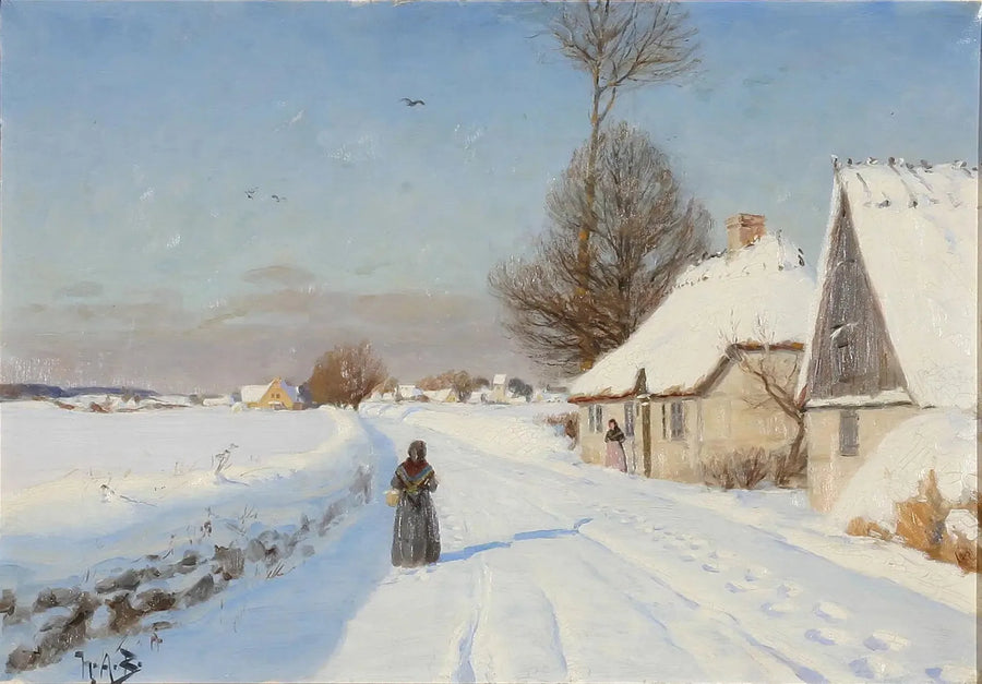 Un día de invierno en un pueblo, mostrando personas cerca de casas con techos de paja. - H. A. Brendekilde
