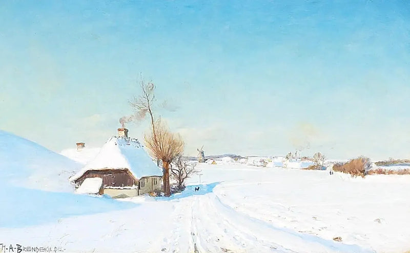 Un día soleado de invierno con casas, un molino y personajes. - H. A. Brendekilde