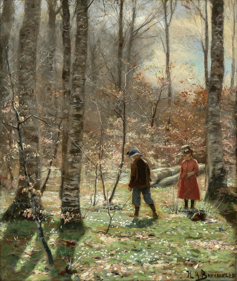 Un día de primavera en el bosque con un niño y una niña recogiendo anémonas. - H. A. Brendekilde