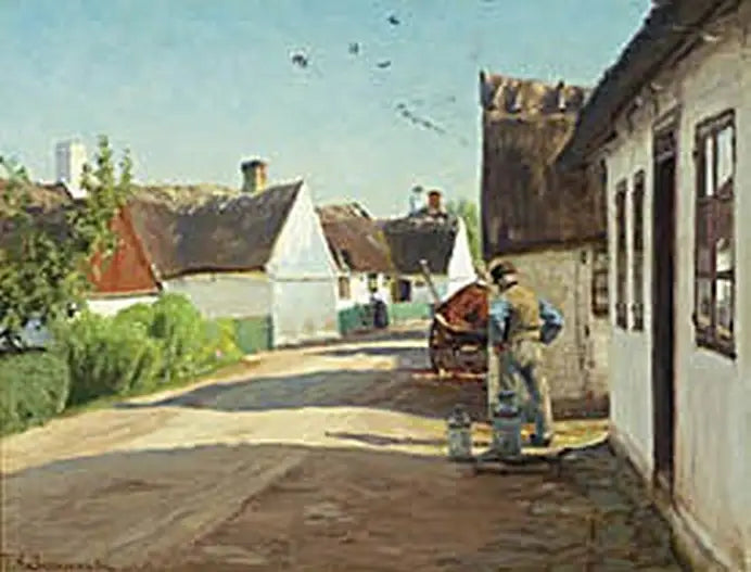 Un día de verano en un pueblo con un hombre de pie cerca de algunos bidones de leche. - H. A. Brendekilde