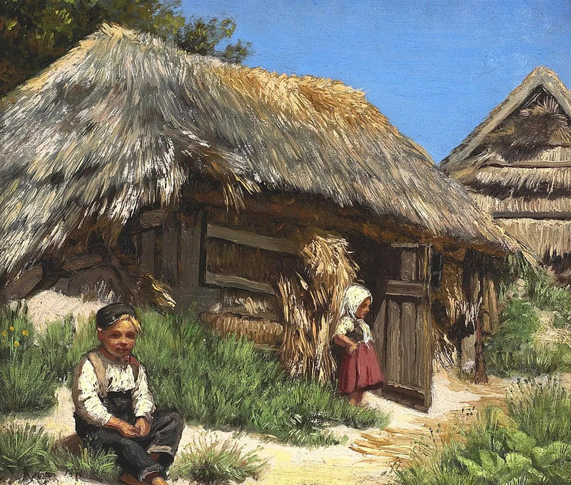 Una casa con techo de paja. Día de verano bajo un cielo azul y cálido. Organizado con dos niños. - Peder Severin Krøyer