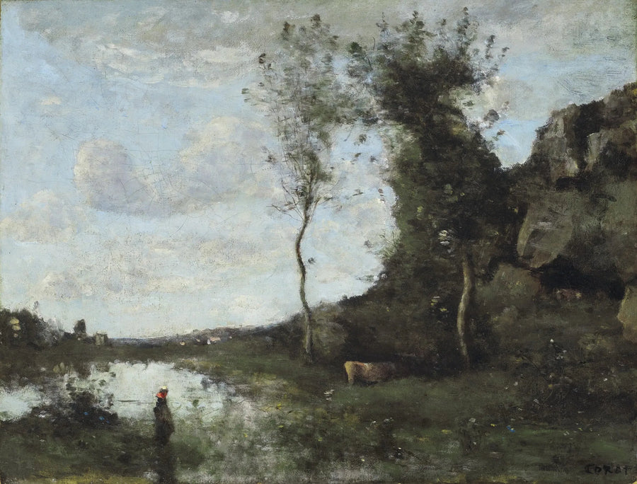 Una campesina y su vaca en el estanque con vista a un pueblo - Jean-Baptiste Camille Corot