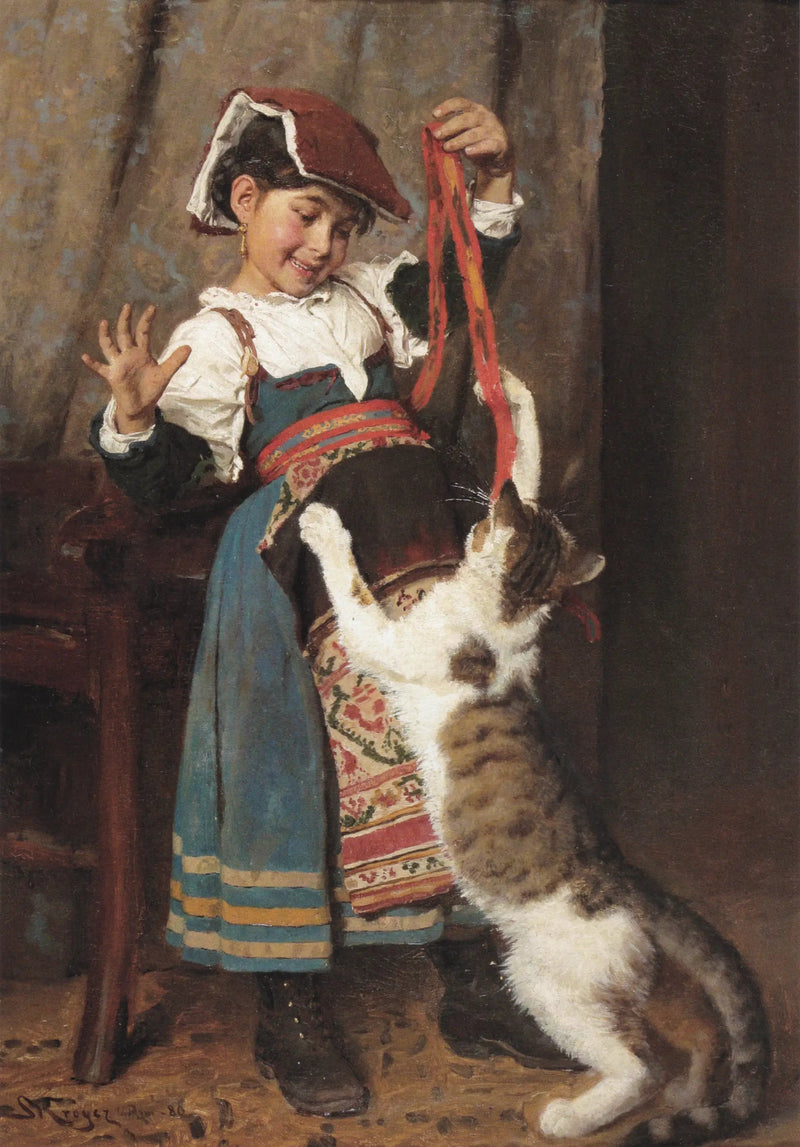 Una niña pequeña con vestido campesino, jugando con un gato. - Peder Severin Krøyer