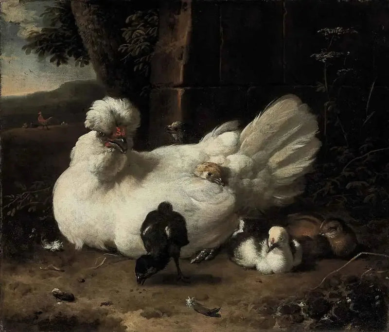 Una gallina con pollitos en un paisaje - Melchior de Hondecoeter
