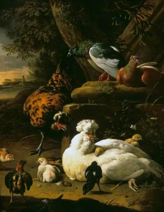 Una gallina con pollitos, un gallo y palomas en un paisaje - Melchior de Hondecoeter