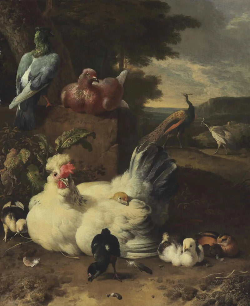 Una gallina, pollitos, palomas y pavos reales junto a un muro de piedra en un paisaje - Melchior de Hondecoeter