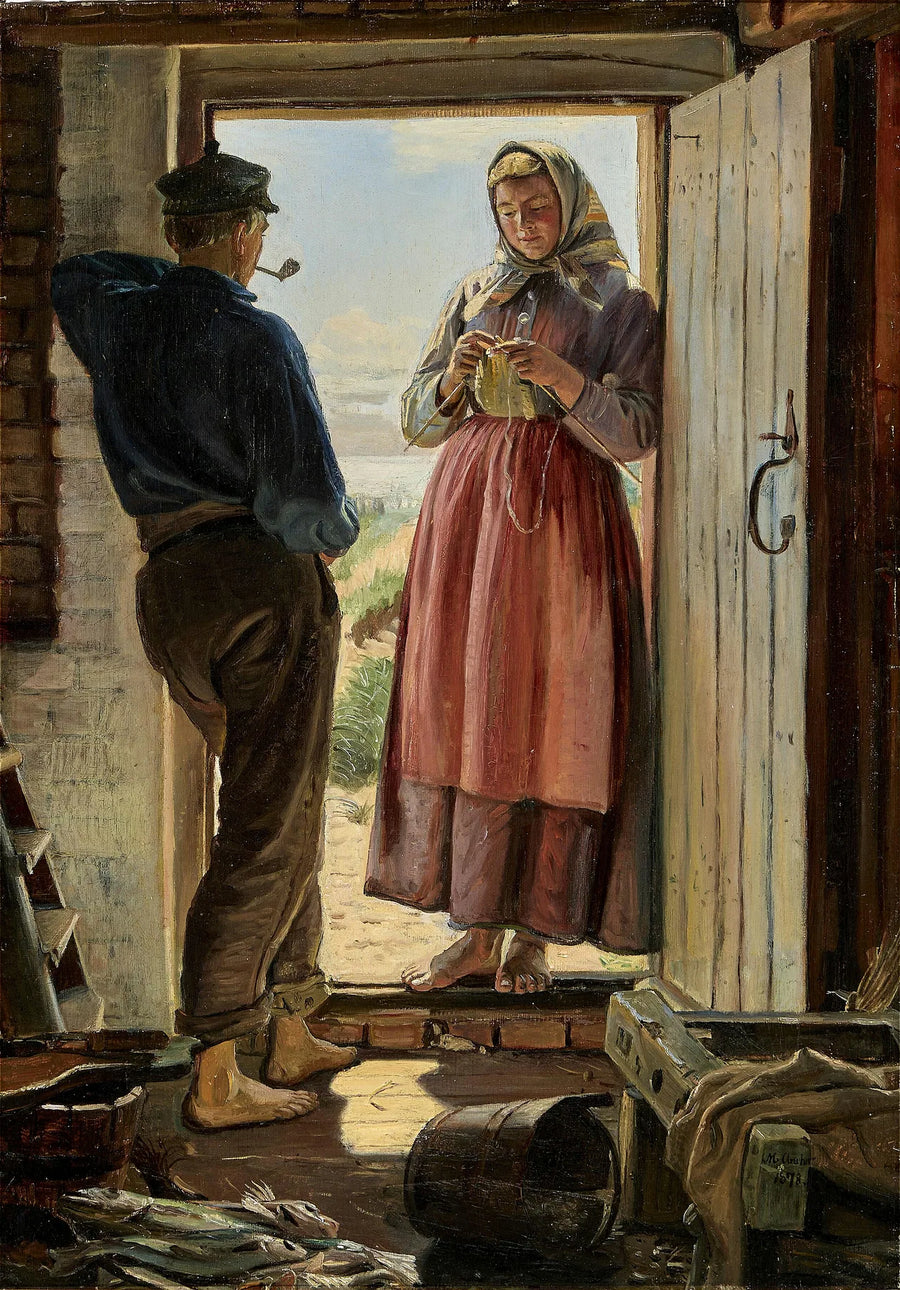 Una propuesta. Un joven pescador y una joven tejen en un portal. - Michael Peter Ancher