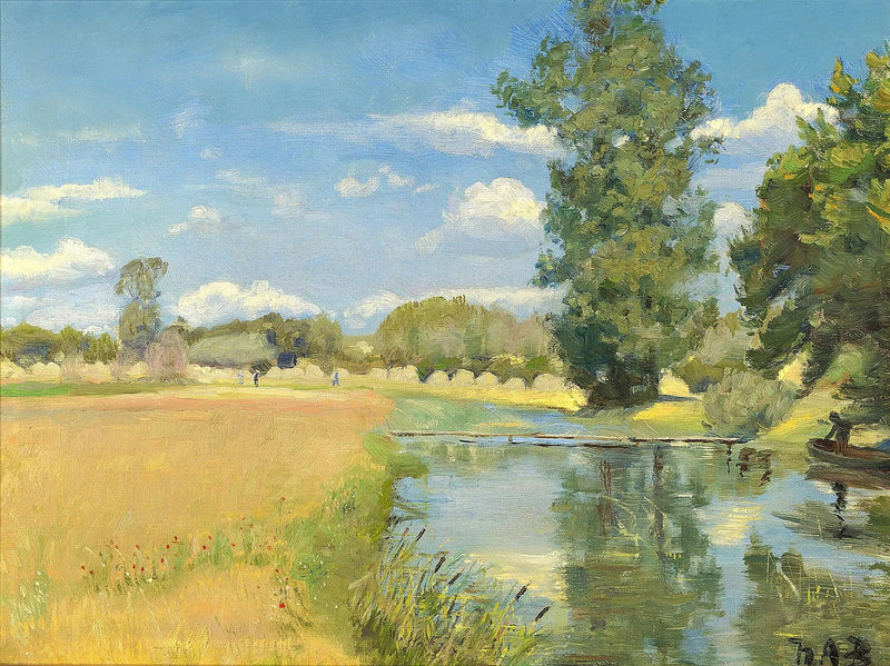 Un río atravesando un paisaje en el momento de la cosecha. - H. A. Brendekilde