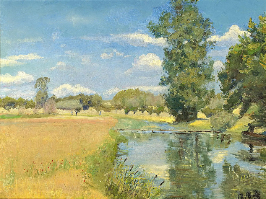 Un río atravesando un paisaje en el momento de la cosecha. - H. A. Brendekilde