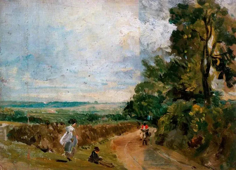 Un camino rural con árboles y personajes (anverso) - John Constable