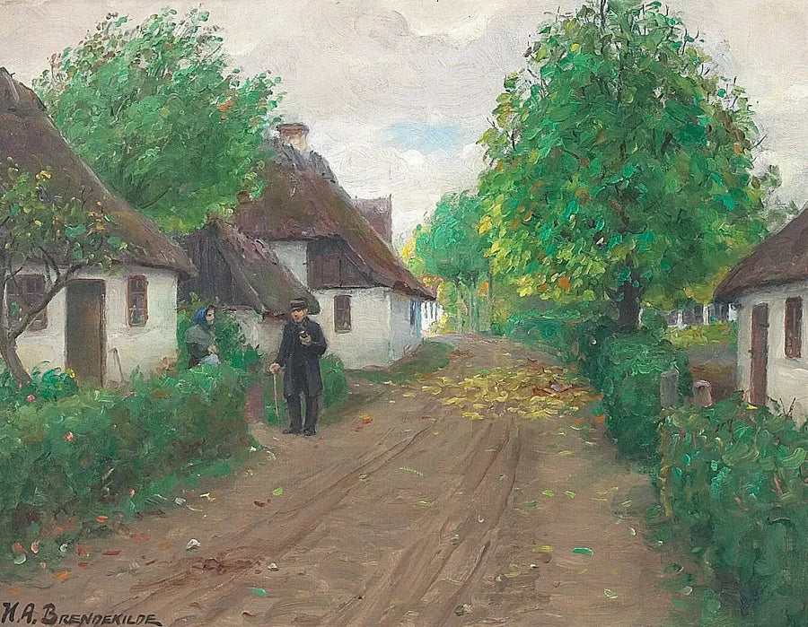 Un camino de pueblo con dos personas que conversan. - H. A. Brendekilde