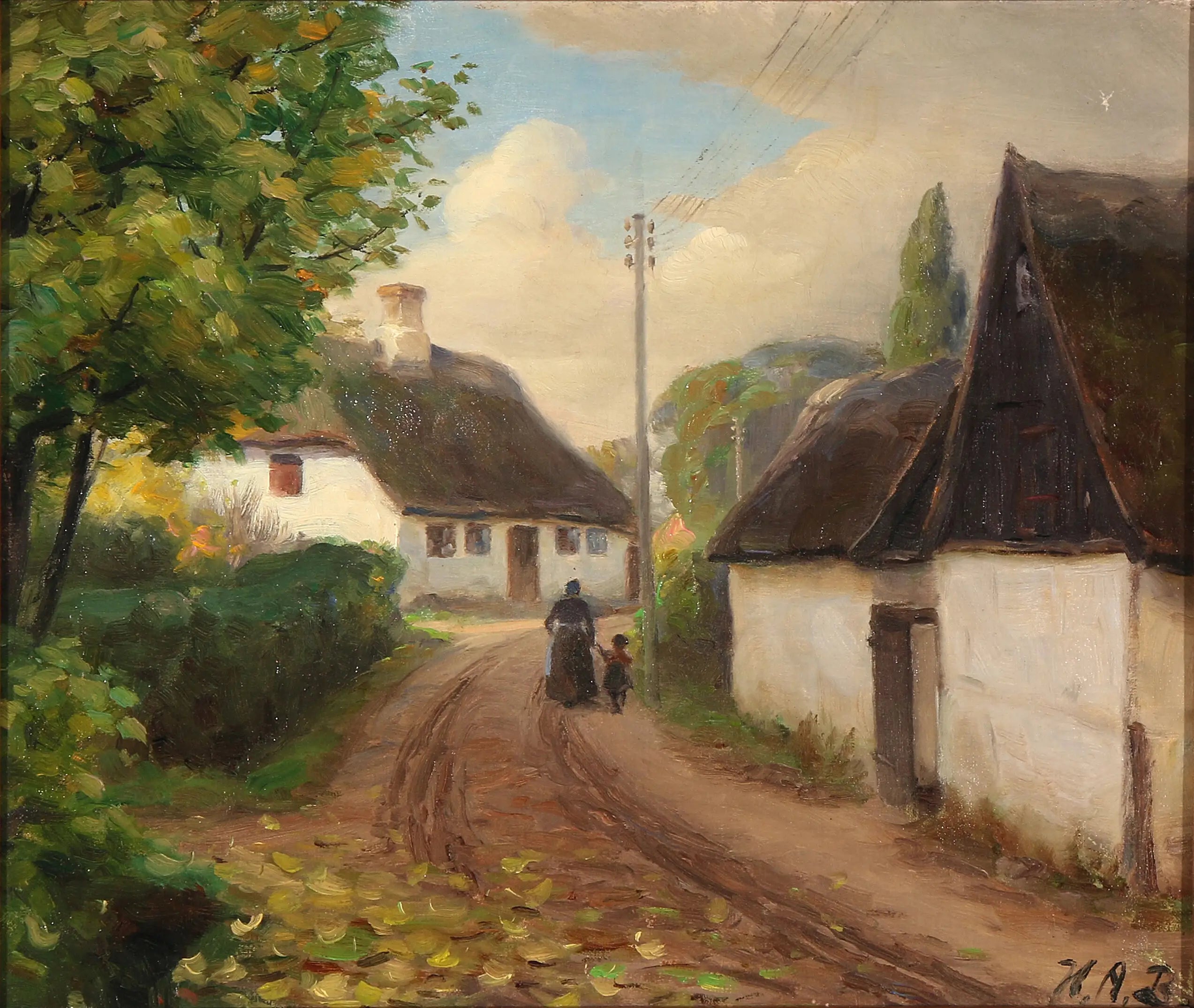 Une route de village avec une femme et un enfant marchant main dans la main - H. A. Brendekilde - Alpha Reproduction