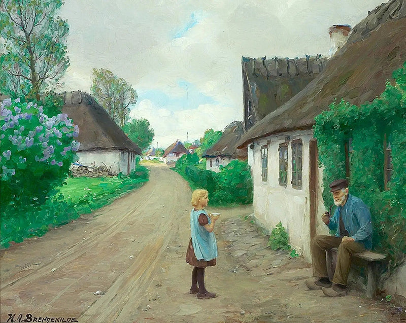 Un camino de pueblo con una joven hablando con el viejo Jens Wilhelm de Jyllinge, de 93 años. - H. A. Brendekilde