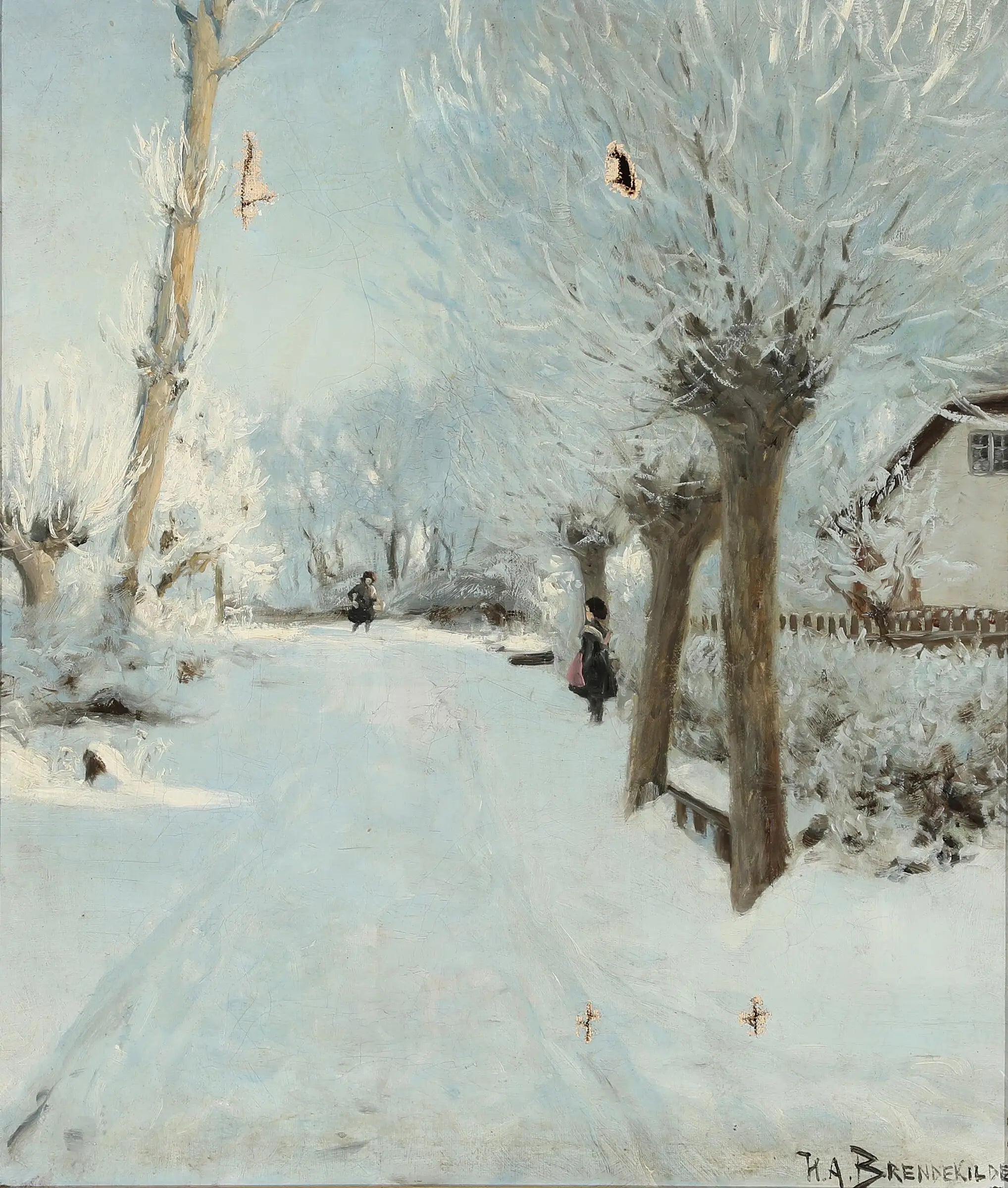 Une route ensoleillée et enneigée avec deux enfants. - H. A. Brendekilde - Alpha Reproduction