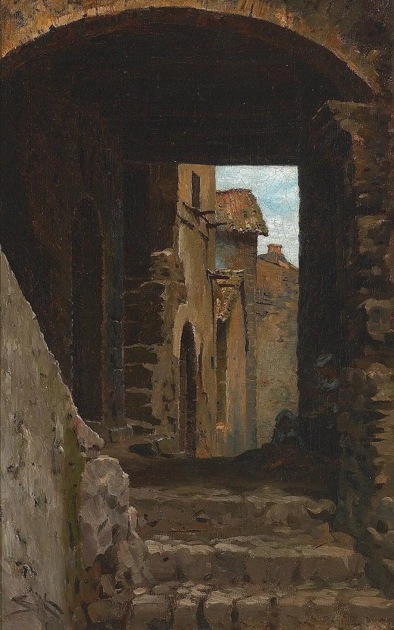 Una calle estrecha con una mujer y un niño en Torello, Ravello, Italia. - Peder Severin Krøyer