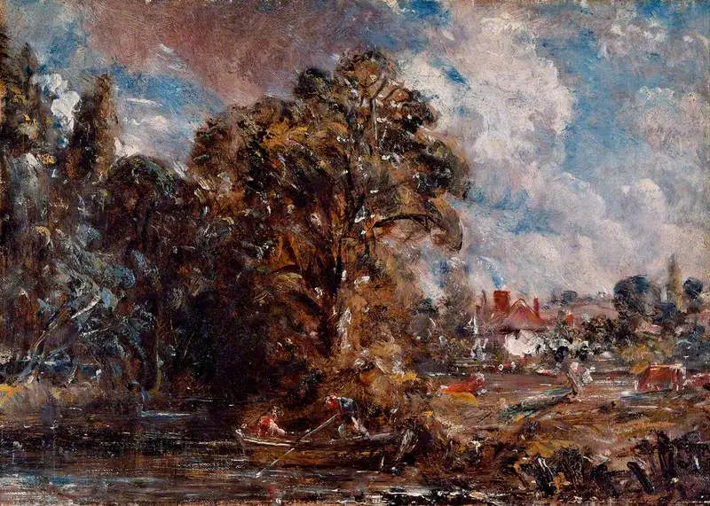 Una escena de río con una granja junto al agua - John Constable