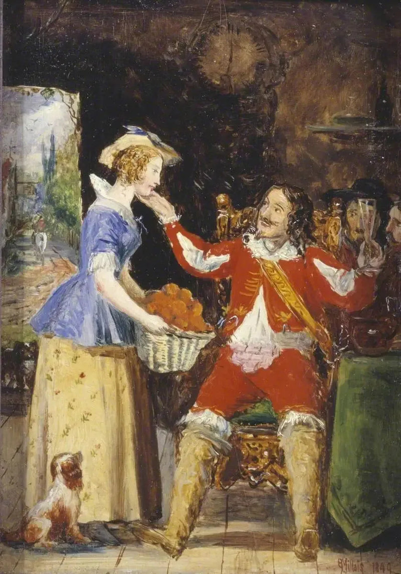 Una sirvienta que ofrece una cesta de frutas a un jinete - John Everett Millais