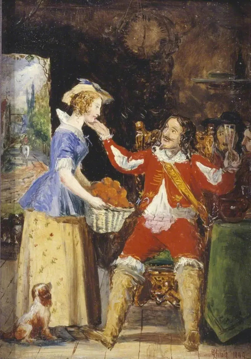 Una sirvienta que ofrece una cesta de frutas a un jinete - John Everett Millais