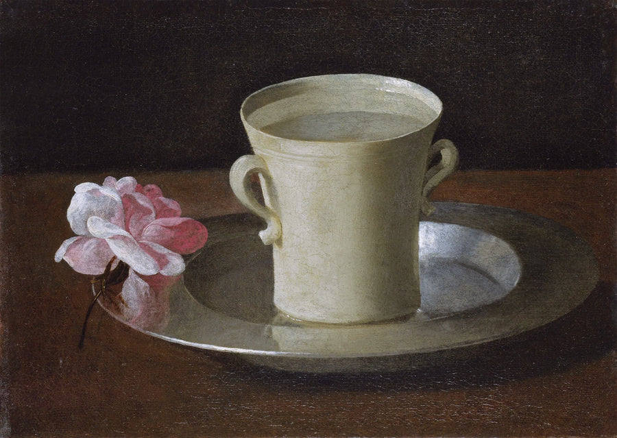 Una taza de agua y una rosa en una bandeja de plata - Francisco de Zurbarán